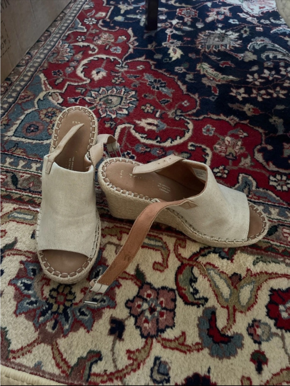 Toms Cream Canvas Espadrille Wedge Sandals with Tan Ankle Strap